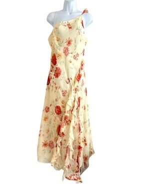 Express Vintage 90s Silk Fairy Floral Beaded Ruffle Maxi Dress Sz M/L Formal